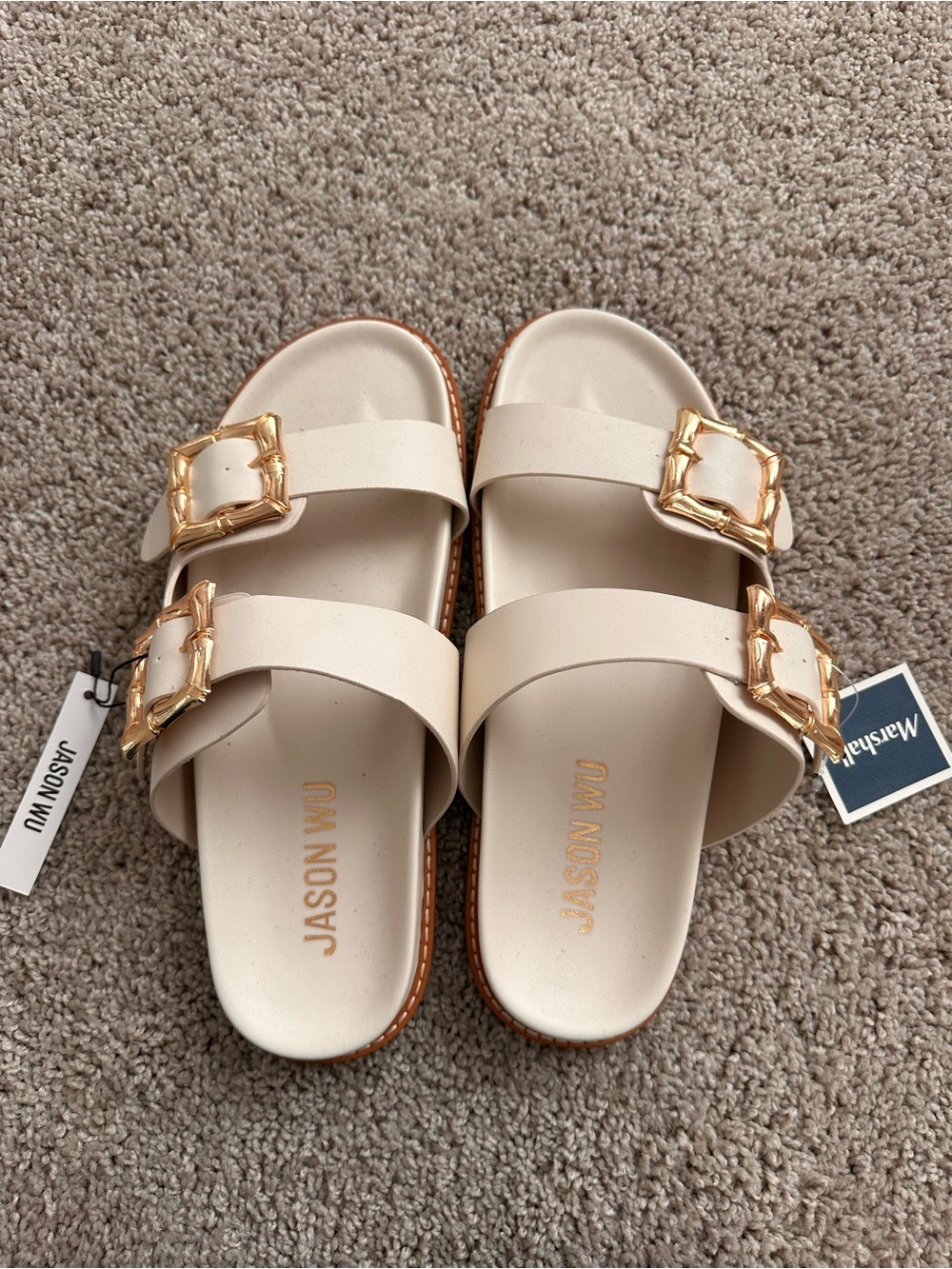Jason Wu Beige Double-Buckle Slide Sandals with Gold Buckles